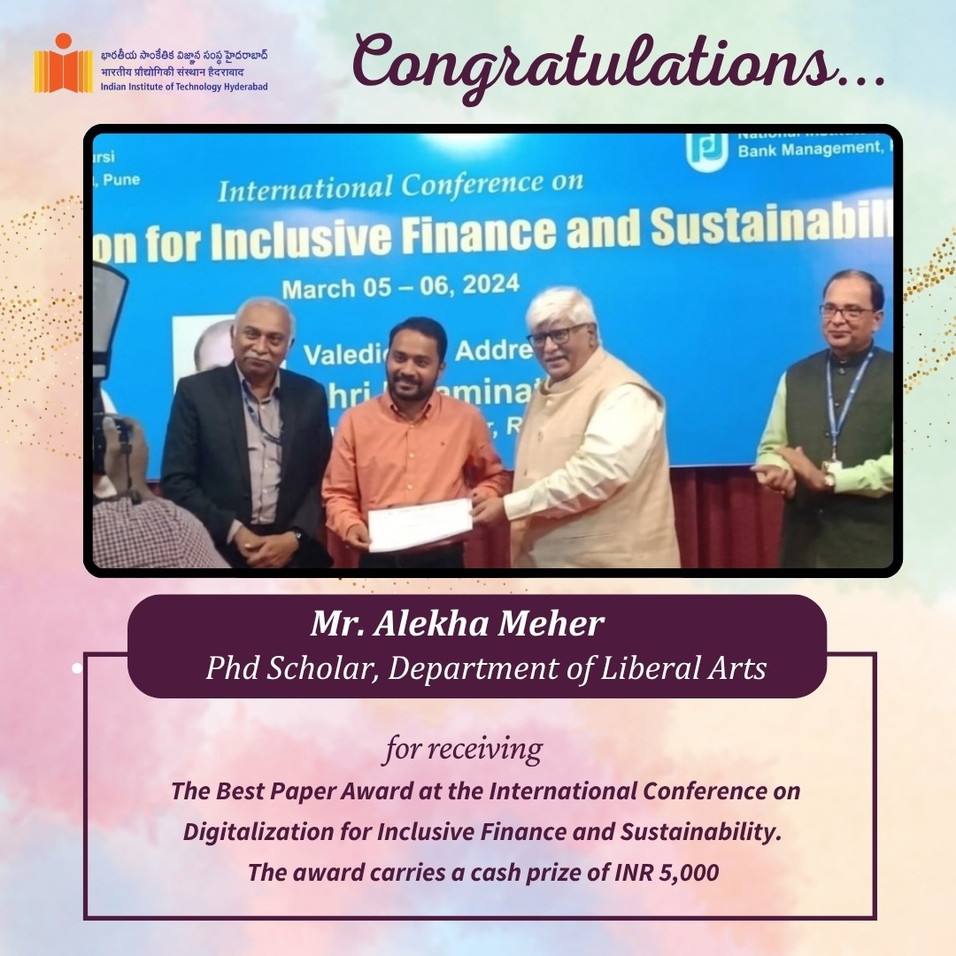Ph.D. Scholar Mr. Alekha Meher Wins Best Paper Award at International Conference