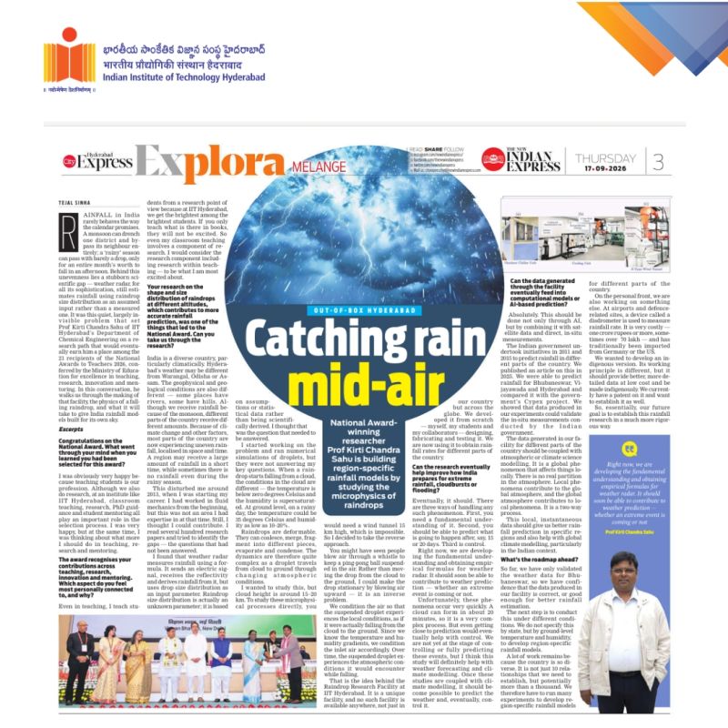 Prof. Kirt Chandra Sahu’s work featured in The New Indian Express  – Explora | Catching Rain Mid-Air